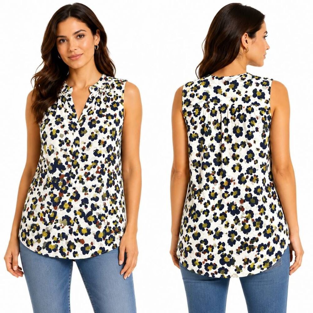 Cabi Sleeveless Floral Blouse Small Ruffle Neck Top